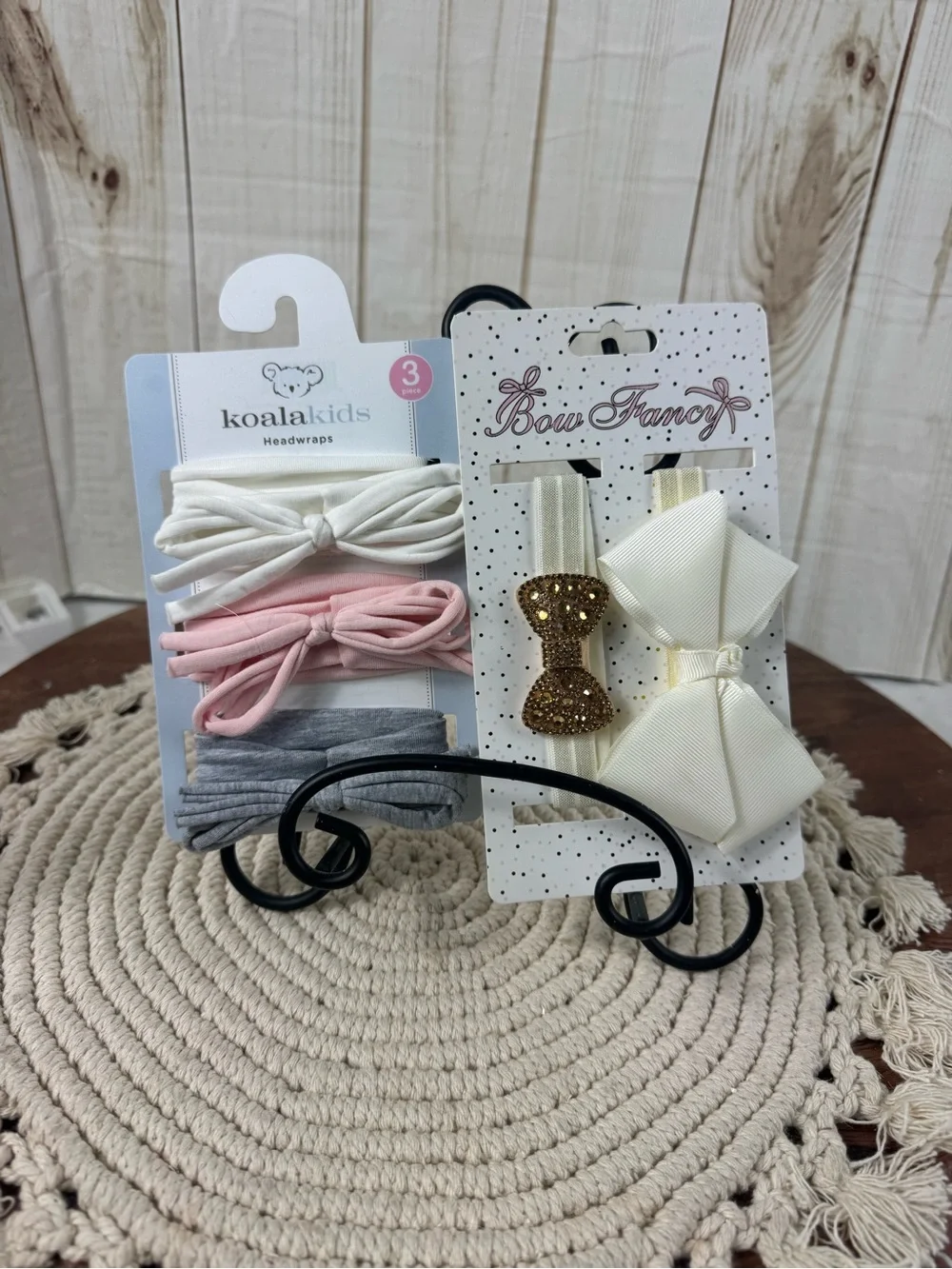 Set of 3 fabric bow headwraps and 2 headbands gold bow and ivory bow.